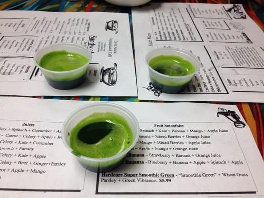 Three shots of wheat grass to kick off our lunch!