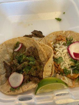 Carne asada taco and chicken taco