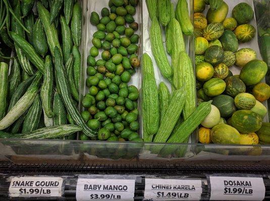 Karela, Dosakai, Snake Gourd, baby mangos from Patel Brothers Indian Store, North Tampa