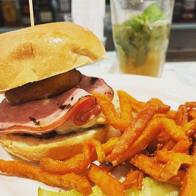 Cuban style burger and sweet potato fries