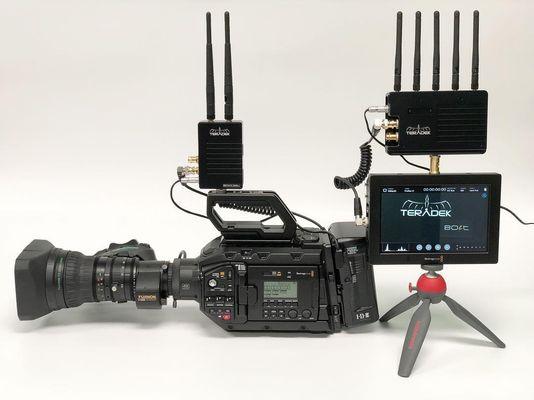 Wireless broadcast video transmission by Teradek and Blackmagic URSA Mini Pro.