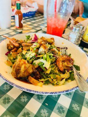 Chopped Asian salad with glazed shrimp