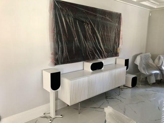 Sony 100 inch, monitor audio, BDI entertainment credenza.