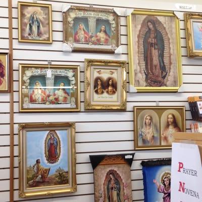 Wall art; plaques, frames, etc. of assorted subjects. Twin Hearts, Lady of Guadalupe, Lady of Grace.