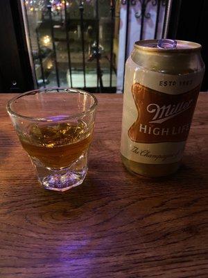 Miller can and shot of even Williams whiskey