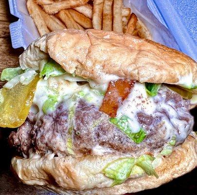 Cheddar Stuffed Burger with bacon and fries