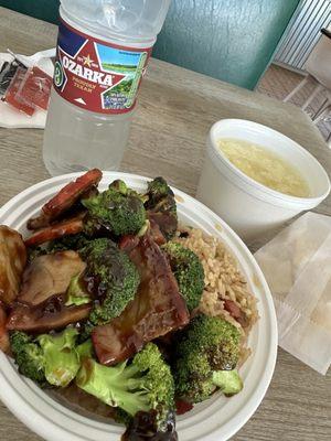 Roast pork, broccoli, pork fried rice, egg drop soup