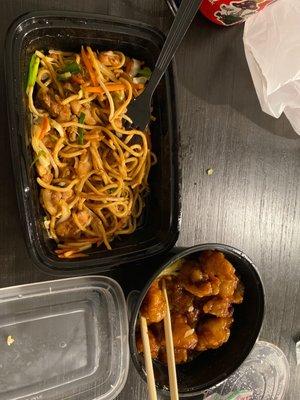 Chicken Chow Mein and Orange Chicken Bowl