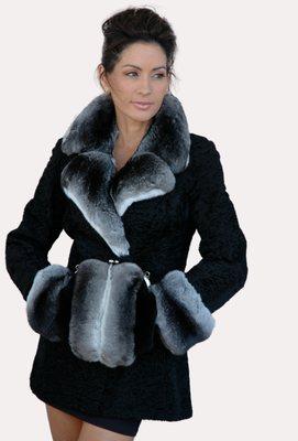 Custom Black Russian Broadtail Fur w/ Chinchilla Collar and Cuffs Jacket and Chinchilla Purse Muff