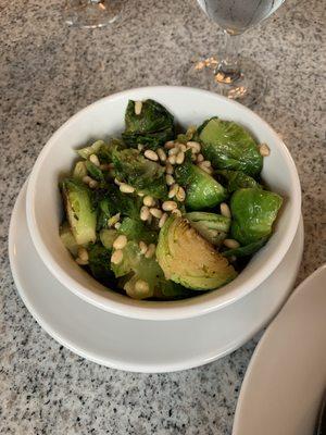 Roasted Brussels sprouts appetizer with pine nuts