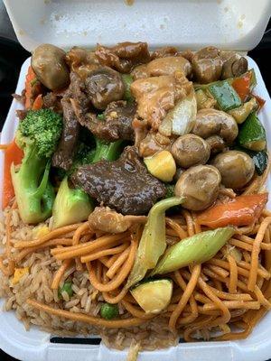 Top Left: broccoli beef. Top right: Mushroom Chicken bottom: fried rice and Chow Mein