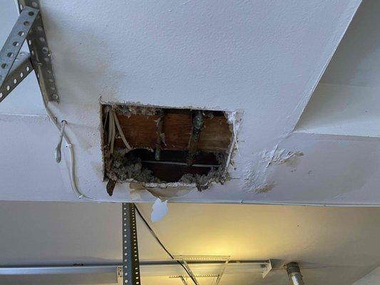 Water damage to ceiling.