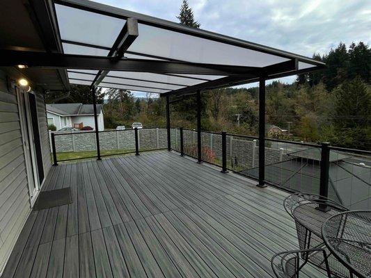 Shed style with front posts integrated into existing railing, cool blue top