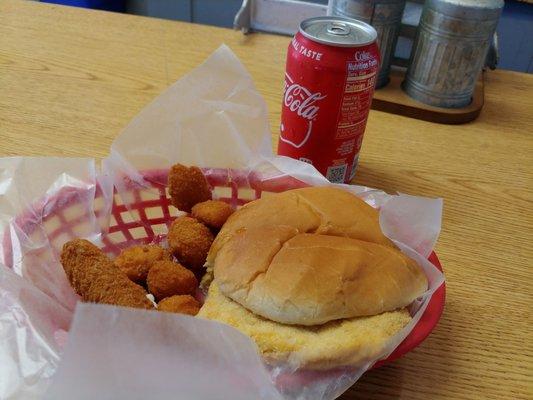 Breaded tenderloin. Mozzarella stick/cheeseballs. A Coke.