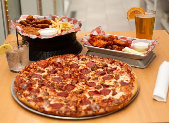 chicken tenders, bone-in wings, and meat lovers pizza!