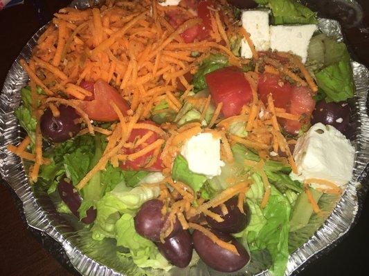 Greek Salad with added carrots, super good!