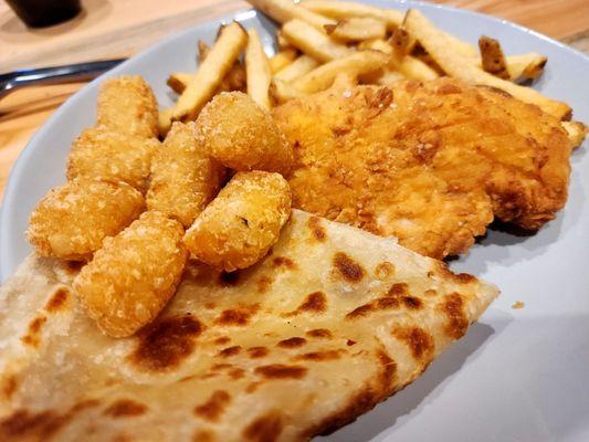 Chicken and Quesadilla with tots and fries.