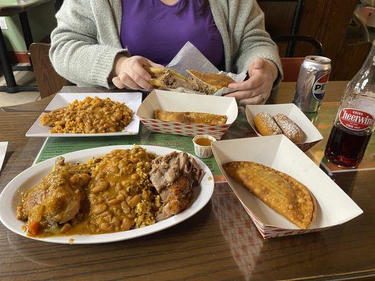 Rob's platter, beef patty, corn fritters, rice and beans and a Cuban