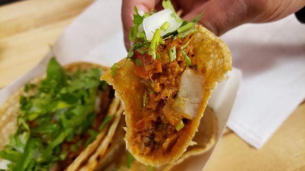 Interior of soy meat taco ($2.50 each), vegan by default. Fresh, light and tasty.