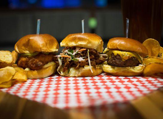 Fried Chicken, BBQ Pork and Cheeseburger Sliders.