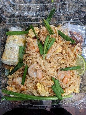 Pad thai with egg, shrimp, tofu and side of sticky rice - $8.00.