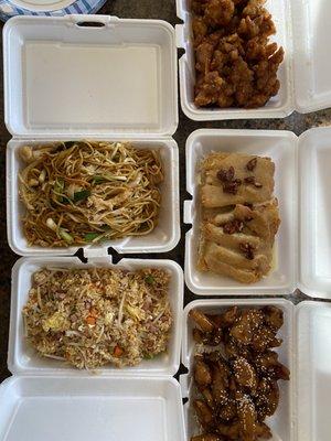 Big portions for takeout. Chow mein, fried rice, Walnut Chicken Plate