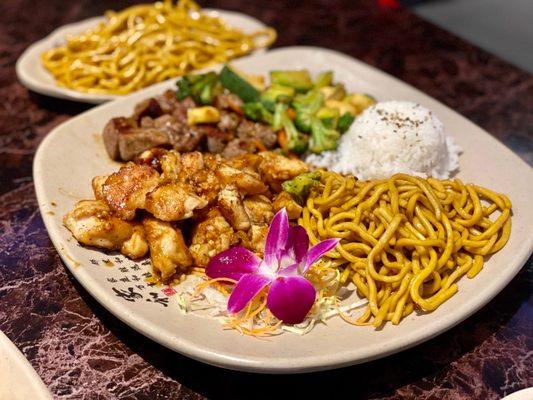 Chicken (delicious!) and filet mignon, extra noodles on the side