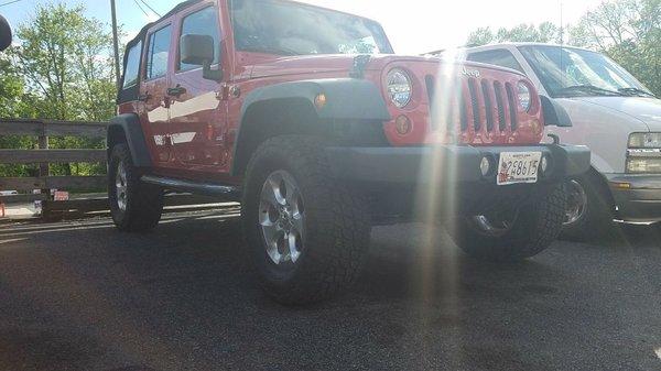 Lift kit and larger wheels and tires we install for a clients Wrangler.