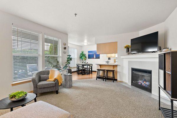 Spacious living room with electric fireplace in every home.