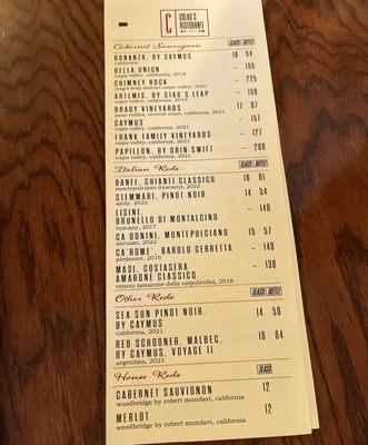 Drinks menu