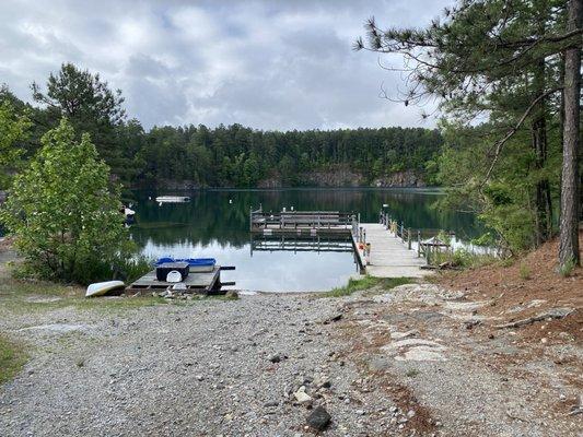 Entry to the lake: walk in immediately forward, dock for giant stride, and wooden ramp into the water just out of view to the right