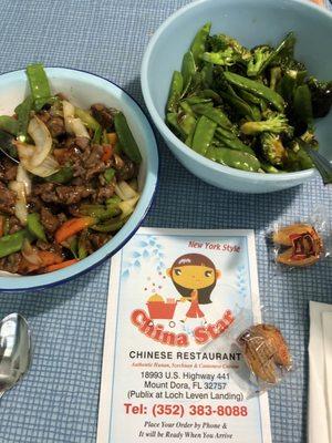 This is the snow pea and broccoli vegetable dish and the black bean beef.