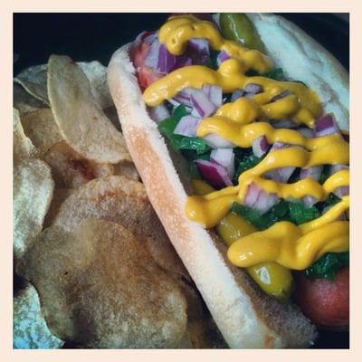 Chicago style hot dog. Not delicious.