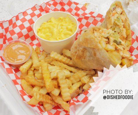 Kluckin Chicken Wrap, Kluckin Mac and Cheese, Fries, Kluckin Sauce