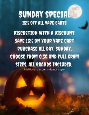 Swing in Sunday for 15% off your favourite vape carts. All brands included.