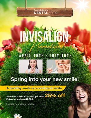 Spring into a new smile with our limited-time Invisalign Special. From April 15th to July 15th, enjoy 25% OFF on your Invisalign treatment!