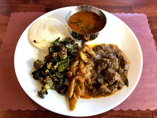 Lunch Buffet Plate (Including Sambar Soup, Idli, Okra, Tindora Curry, and Chettinad Goat)