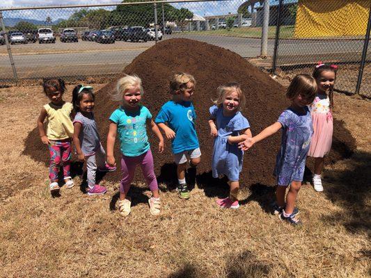 Holy Family preschoolers celebrate around the truckload of soil that was donated for their Early Learning Center School Garden.