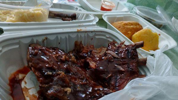 1/2 slab ribs, Mac and cheese, collard greens., corn bread.