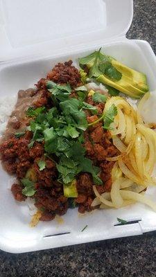 Al pastor customized bowl with avocado, rice, beans, grilled onions/broccoli/zucchini