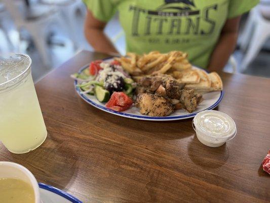 Chicken Souvla, Country Greek Salad and Greek Style Fries