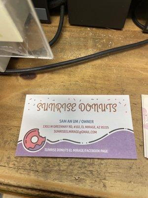 Sunrise Donuts business card