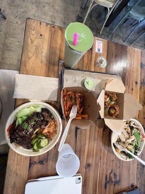 Baja Bowl, El Koreano Bowl,Edamame Wontons,Sweet Potato Fries, Green Matcha Tea Boba