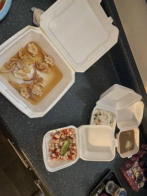 This is what half order of agua Chile and one ceviche tostada looks like delivered to you from this place