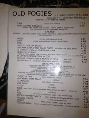 Front page of Old Fogie's menu.