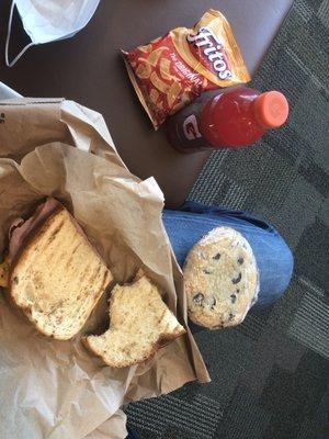 College dorm quality "panini" sandwich, dried up semi-stale chocolate chip cookie, bag of Fritos and a Gatorade. Total= $25.28