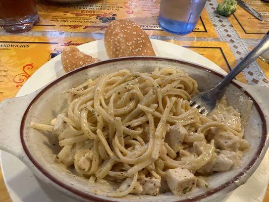 Chicken with fettuccine and 1/2 a hotdog bun for my garlic bread.