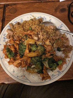 Chicken fried rice and chicken with broccoli