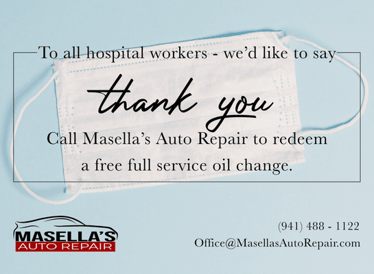 Free oil change services for healthcare workers until the end of May! Give us a call, show us your hospital ID, and let us take care of you!