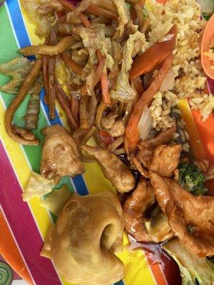 Fried wontons, pork fried rice, chicken lo mein, and chicken and broccoli